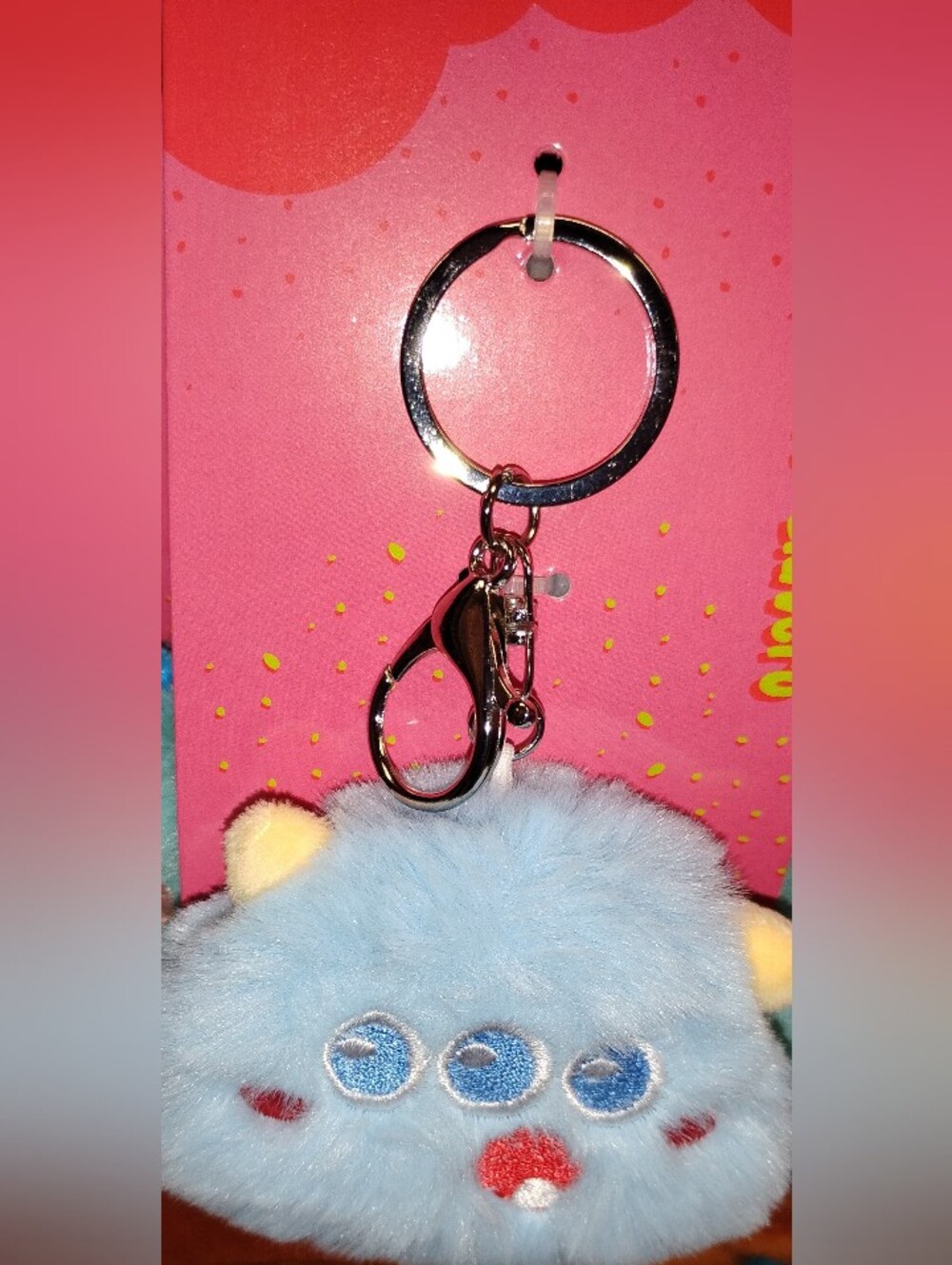 Fluffy Blue Cat Keychain & Card Holder with Clip - Silver